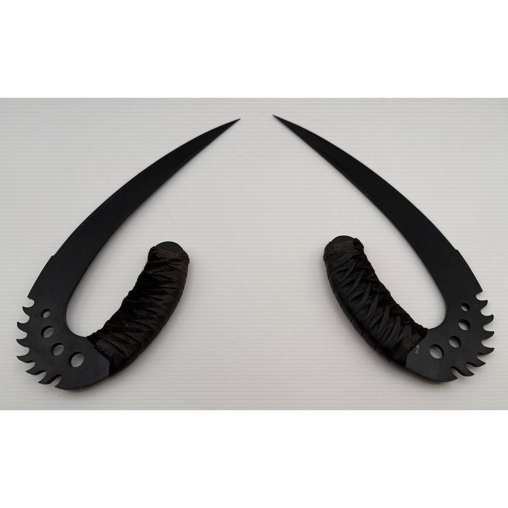 Dual Fantasy Hook Blades Matte Black Serrated Curved Tactical Display Knives Set